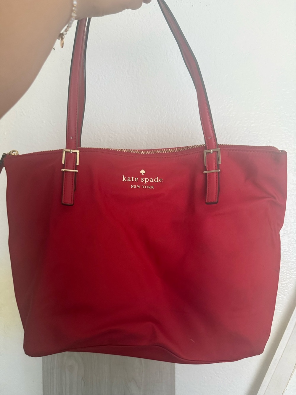kate spade red leather-look tote with gold hardware